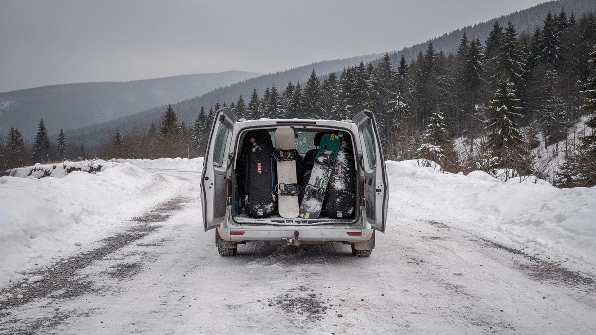Transfer van loaded with ski bags on the road from Lviv to Bukovel in January